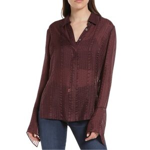 Frame Cabernet 100% Silk Semi Sheer Long Sleeve Blouse Stripe Detailing